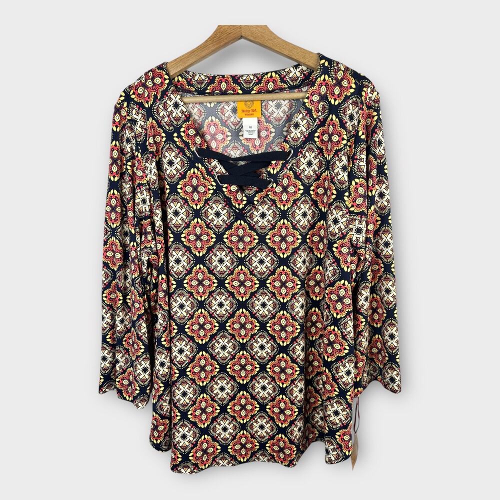 Ruby Rd Womens size 1X Paisley Geometric Tie Front Blouse Top 58654 NEW
